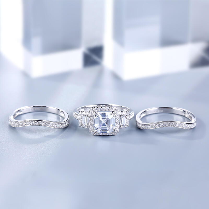 Jeulia Halo Three Stone Asscher Cut Sterling Silver Ring Set