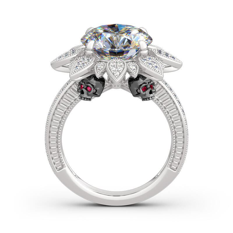 Jeulia Two Tone Round Cut Flower Design Sterling Silver Skull Ring