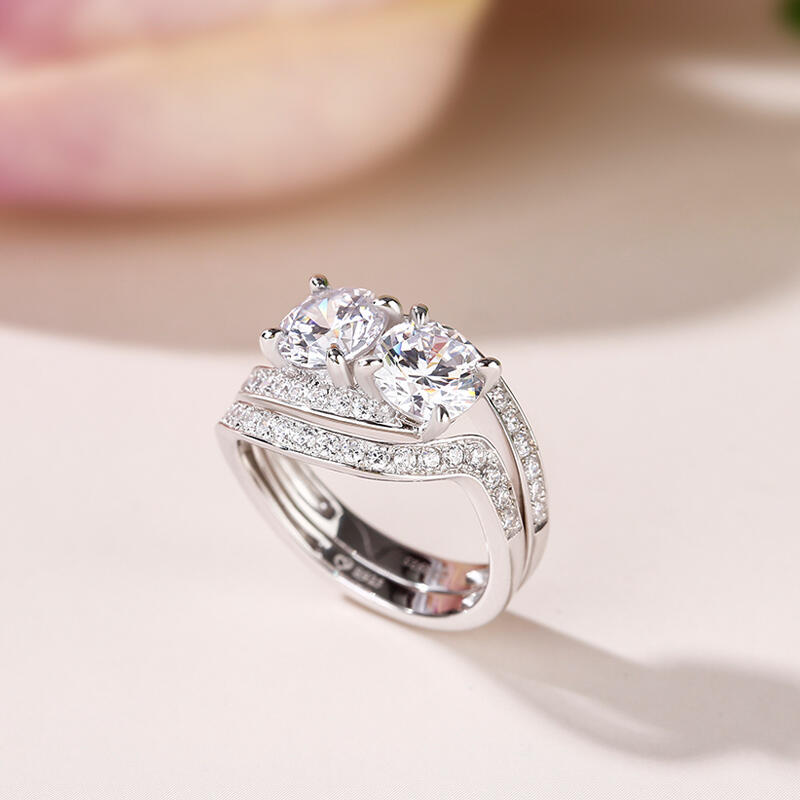 Jeulia Bypass Two Stone Round Cut Sterling Silver Ring Set