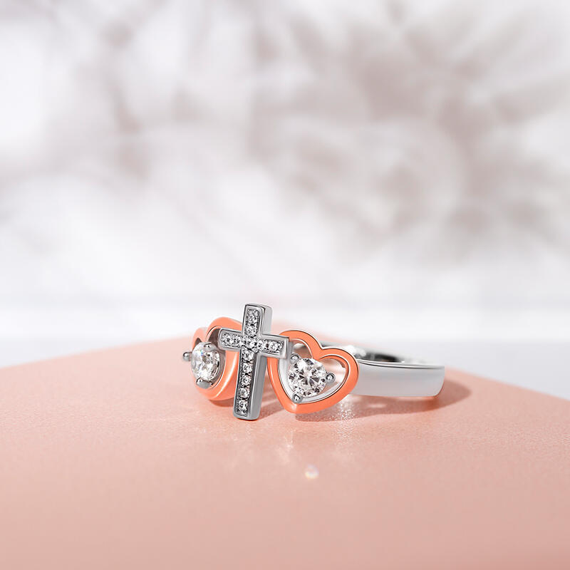 Jeulia Heart & Cross Faith Round Cut Sterling Silver Ring