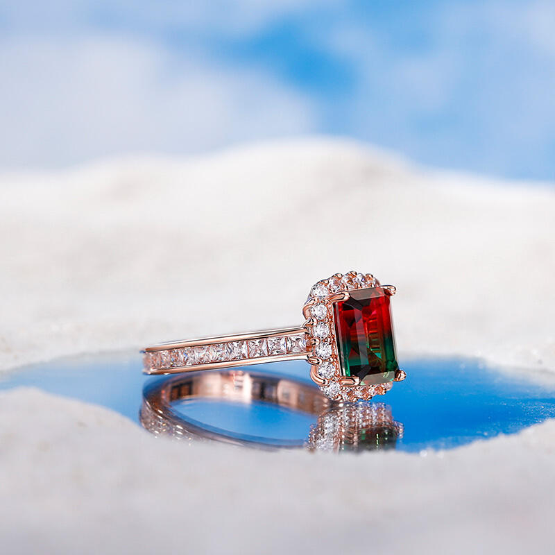 Jeulia Halo Smaragd skärning sterling silver vattenmelon ring set