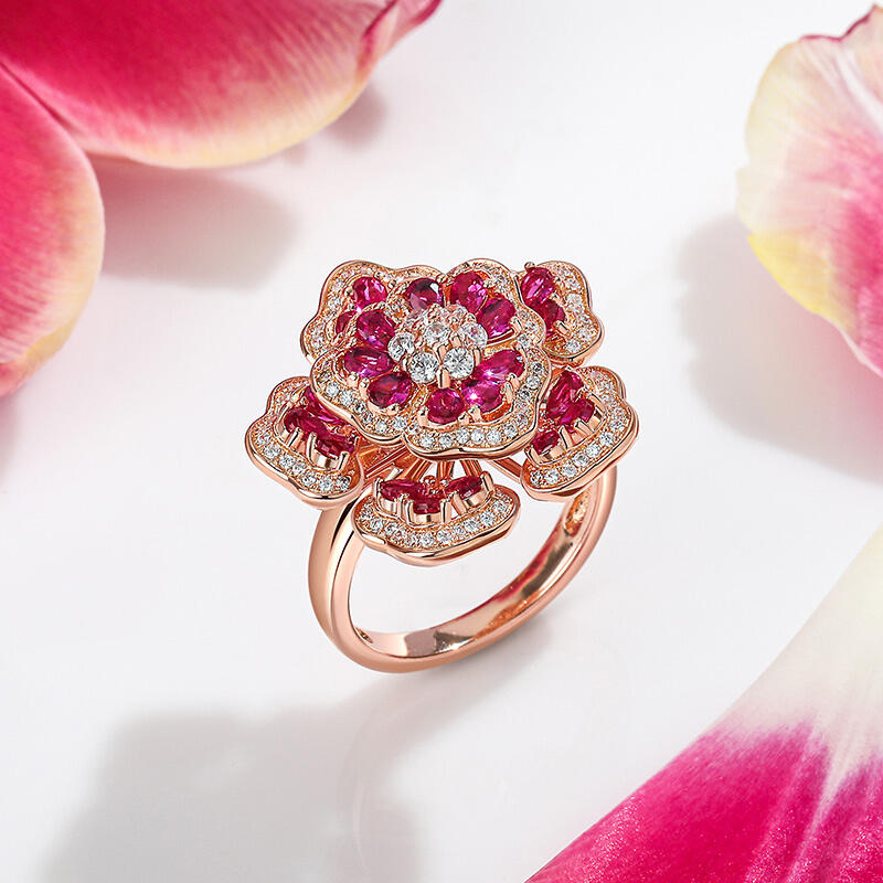 Jeulia Anillo grande mujer de plata de ley en tono oro rosa en flor