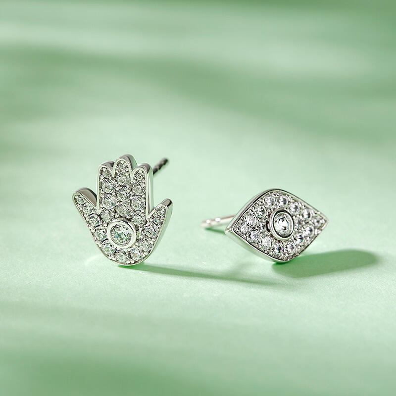 Jeulia "Hamsa and Evil Eye" Asymmetric Sterling Silver Stud Earrings