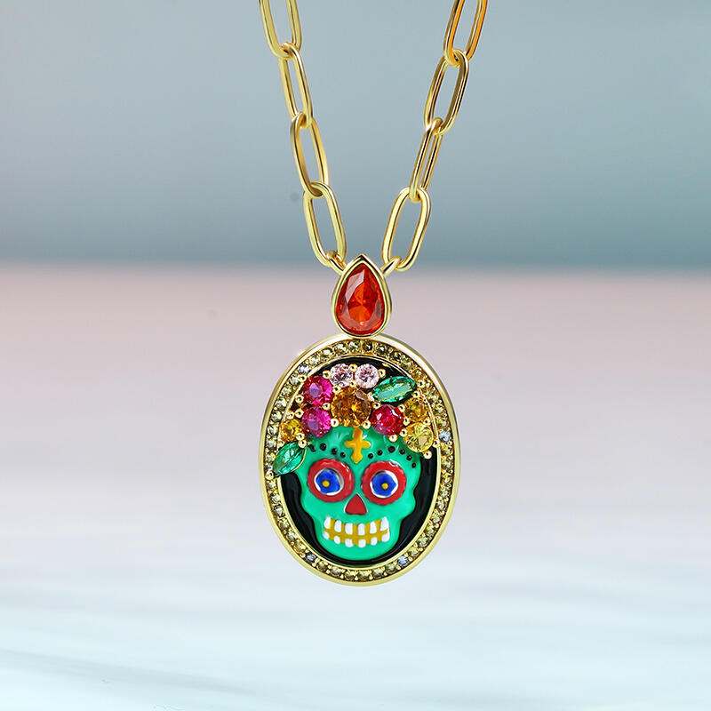 Jeulia "Sugar Bone" Skull Enamel Sterling Silver Necklace