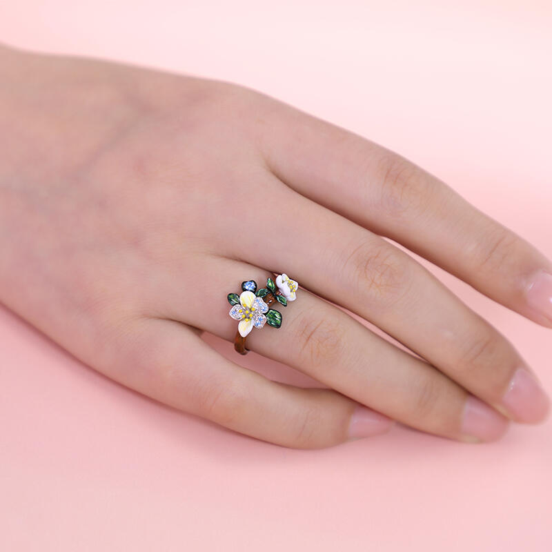 Jeulia "Almond Blossoms" Enamel Sterling Silver Ring