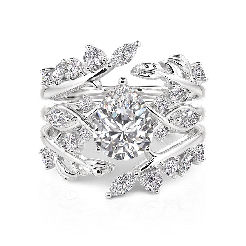 Jeulia Leaf Twist Sparkling Pear Shaped Ring Set