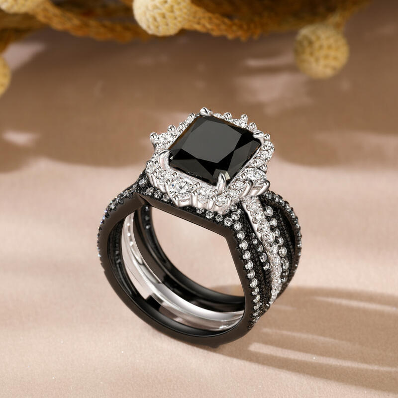 Jeulia Juego de Anillos de Compromiso Halo Radiante Negro Intercambiable y Trenzado