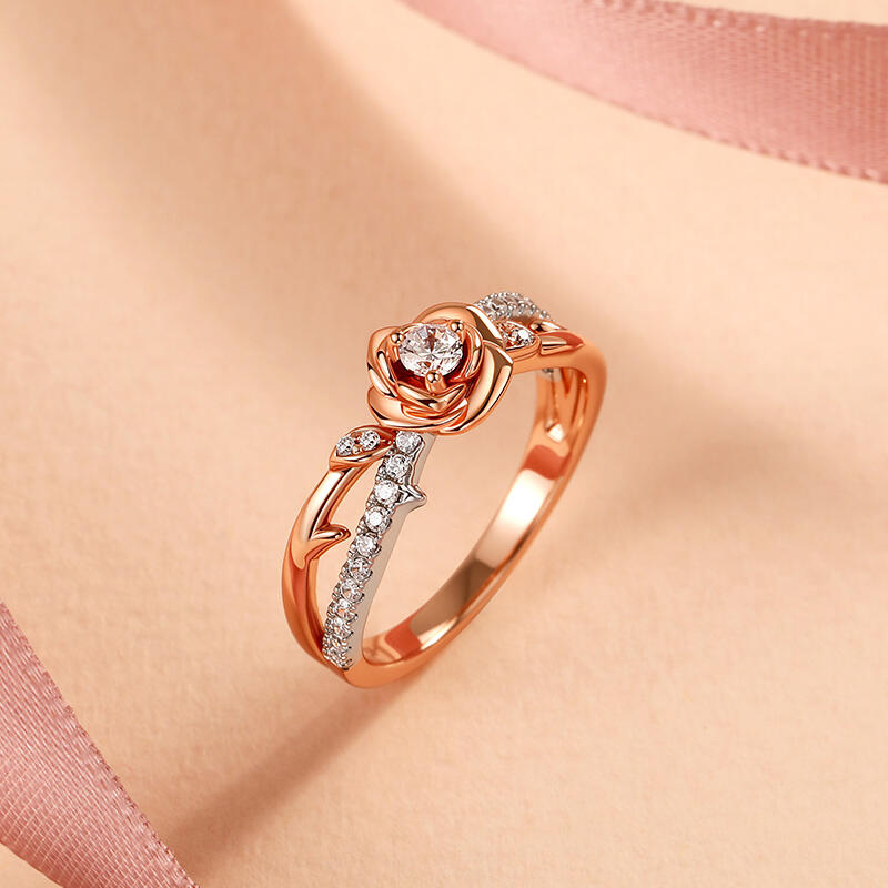 Jeulia Two Tone Twist Rose Flower Ring Sterling Silver