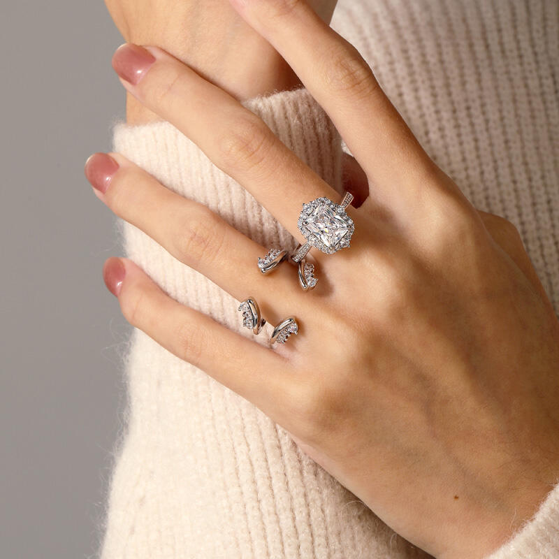 Jeulia Vintage Radiant Cut Halo Bridal Set Sterling Silver