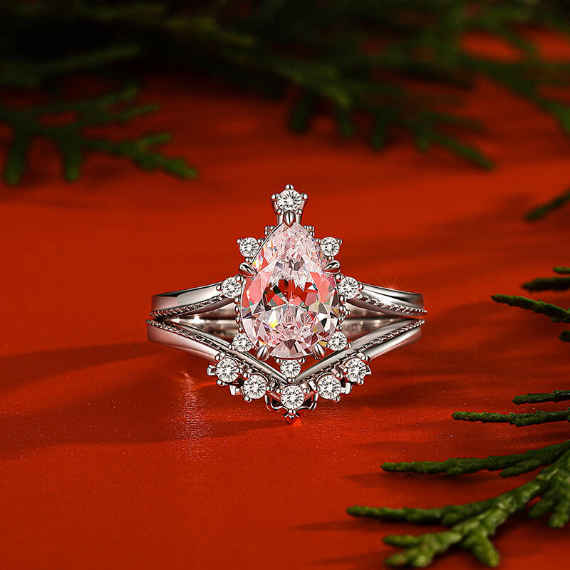 Jeulia Unique Christmas Tree Design Pear Ring Set 2pcs