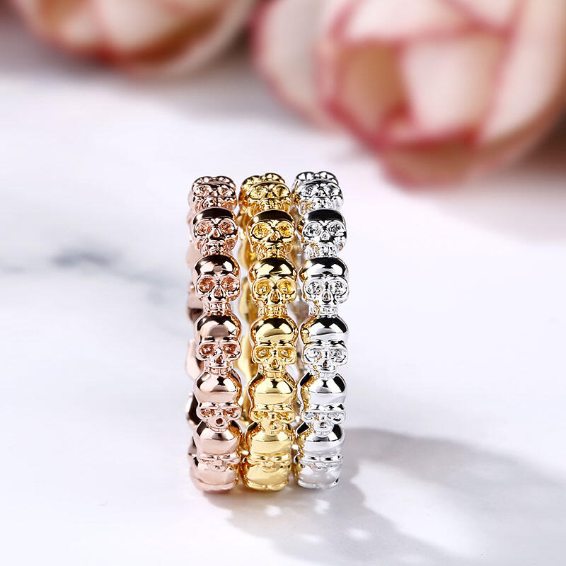 Jeulia Tri-Tone Stackable Sterling Silver Skull Ring Set