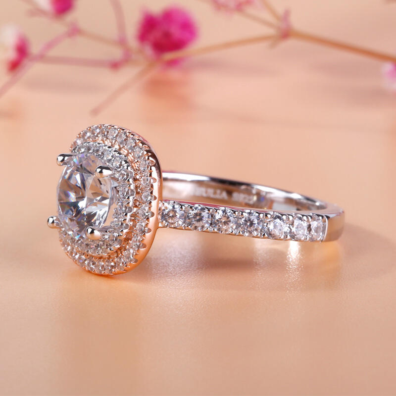 Jeulia Anillo Clásico Con Halo De Dos Tonos De Talla Redonda En Plata De Ley