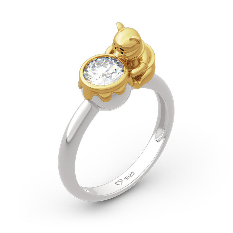 Jeulia Hug Me "Bear Holding Honey Pot" Round Cut Sterling Silver Ring