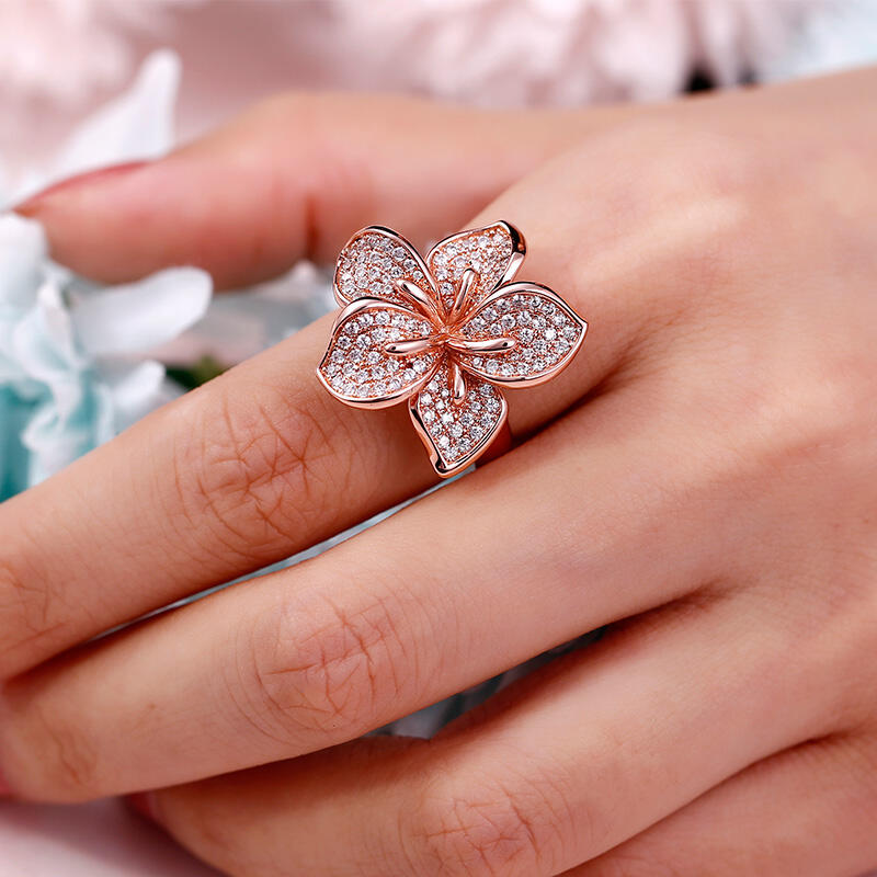 Jeulia "Blooming Flower" Rose Gold Tone Sterling Silver Ring