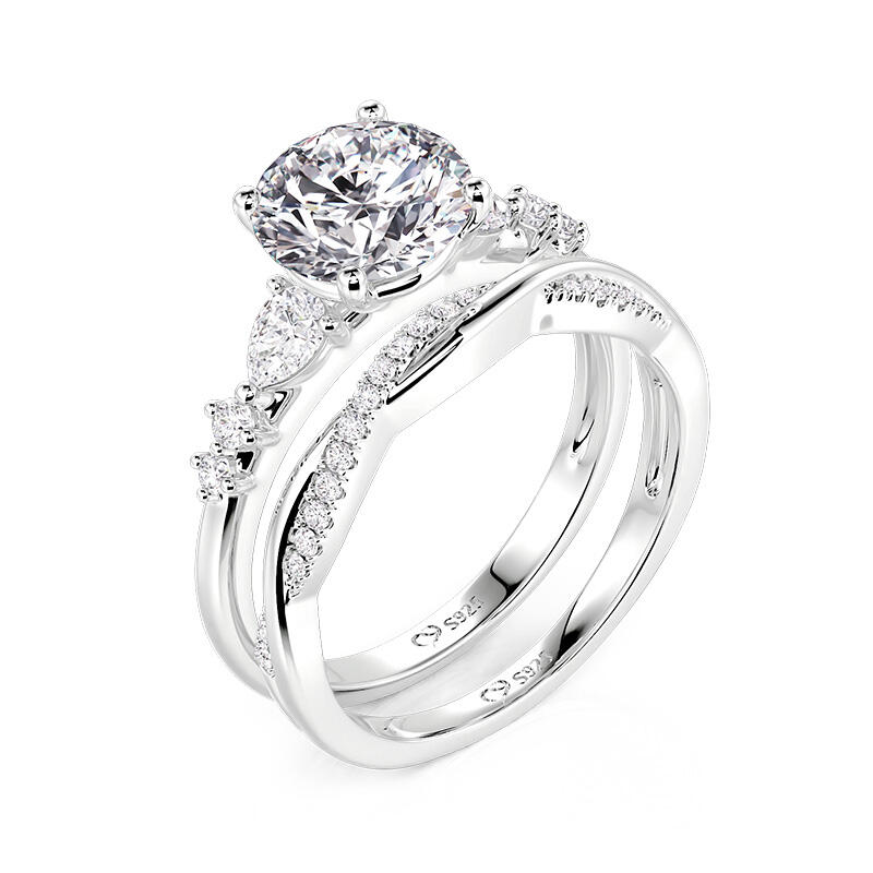 Jeulia Simple Three Stone Bridal Set 2PCS Sterling Silver