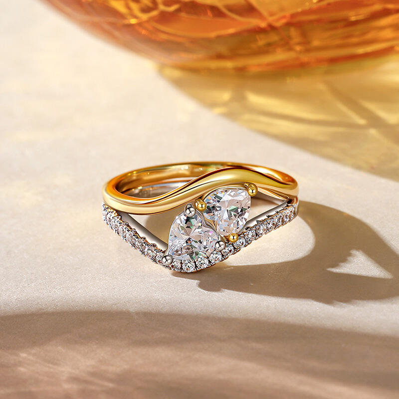 Jeulia Unique Two Tone Double Heart Ring Set Sterling Silver