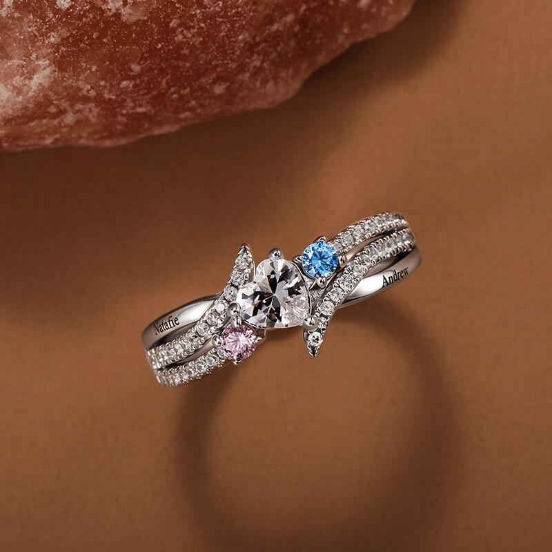 Jeulia Custom Three Stone Engraved Name Ring with Birthstone