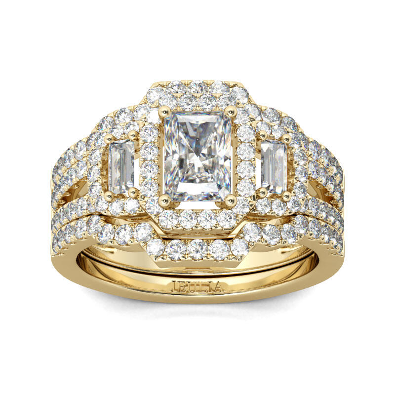 Jeulia Terno De Anillos Con Halo De Tono Dorado De Talla Radiante En Plata De Ley