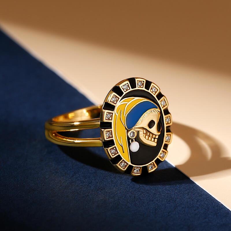 Jeulia "Skull with a Pearl Earring" Two Tone Sterling Silver Ring