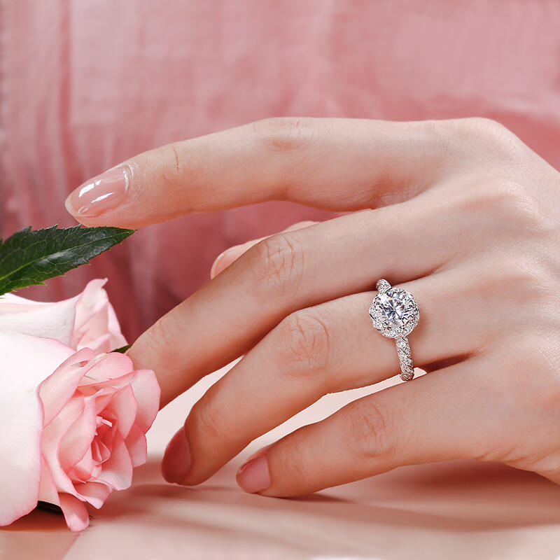 Jeulia 10K/14K/18K Gold Platinum Floral Halo Round Cut Ring