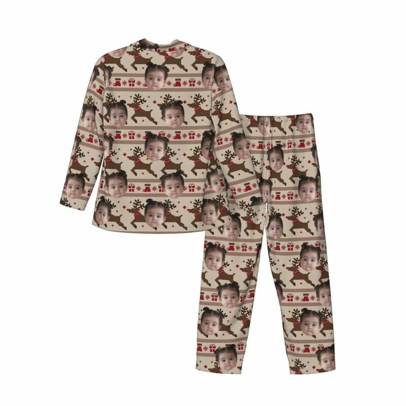 Personalisierte Pyjamas mit individuellem Kinderfoto Rentier Weihnachtsstimmung Muster Design Geschenk für die Familie