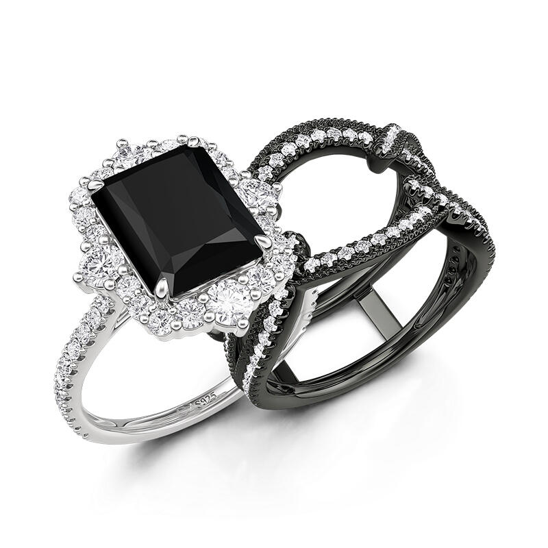 Jeulia Juego de Anillos de Compromiso Halo Radiante Negro Intercambiable y Trenzado