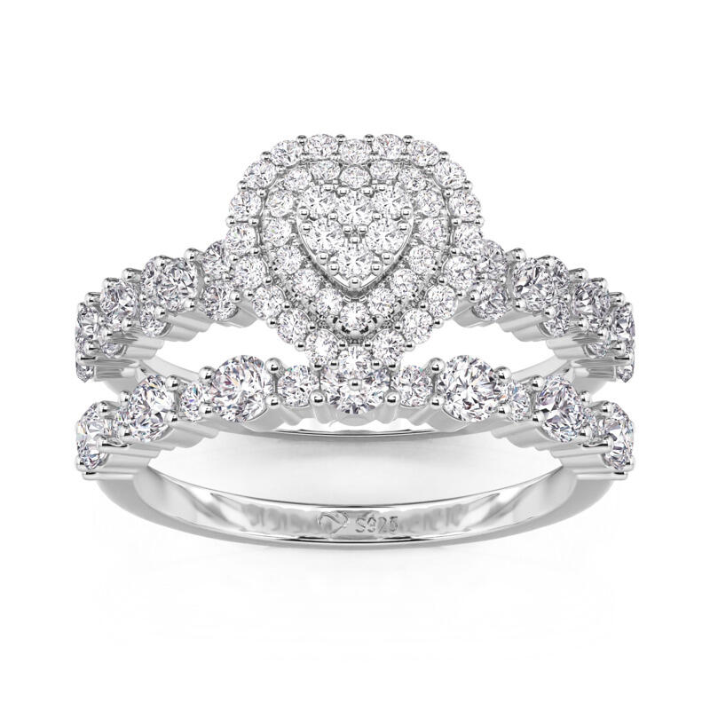 Jeulia Juego de Anillos de Compromiso Corazón Doble Halo de Plata de Ley