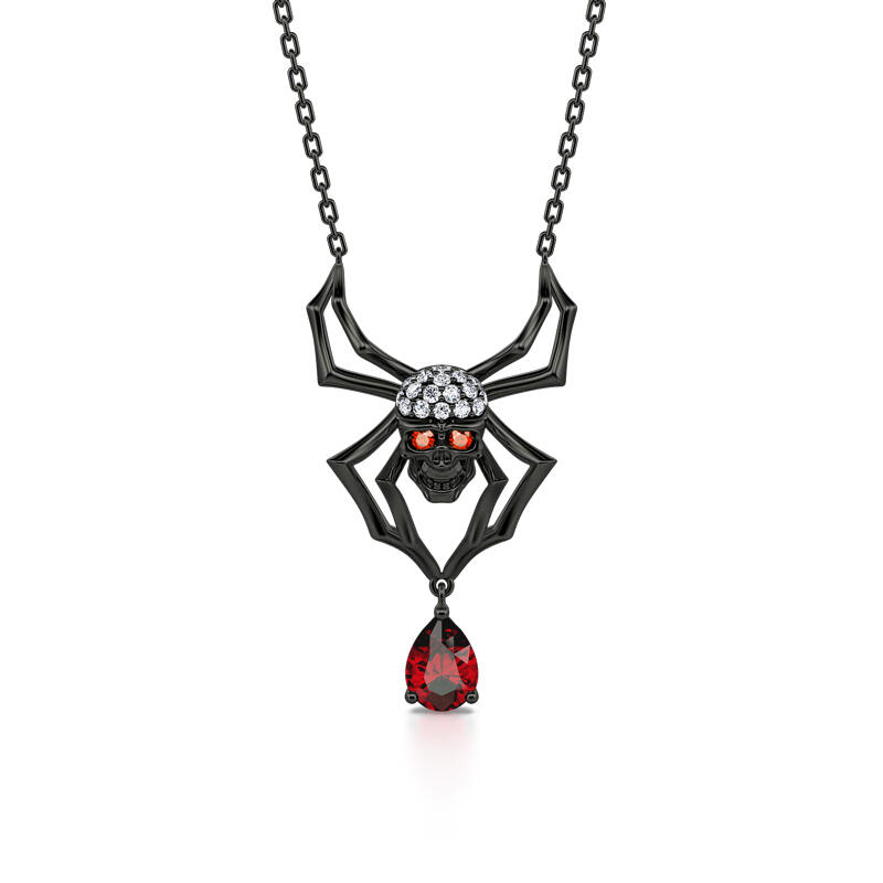 Jeulia Black Tone Spider with Skull Head Sterling Silver Necklace