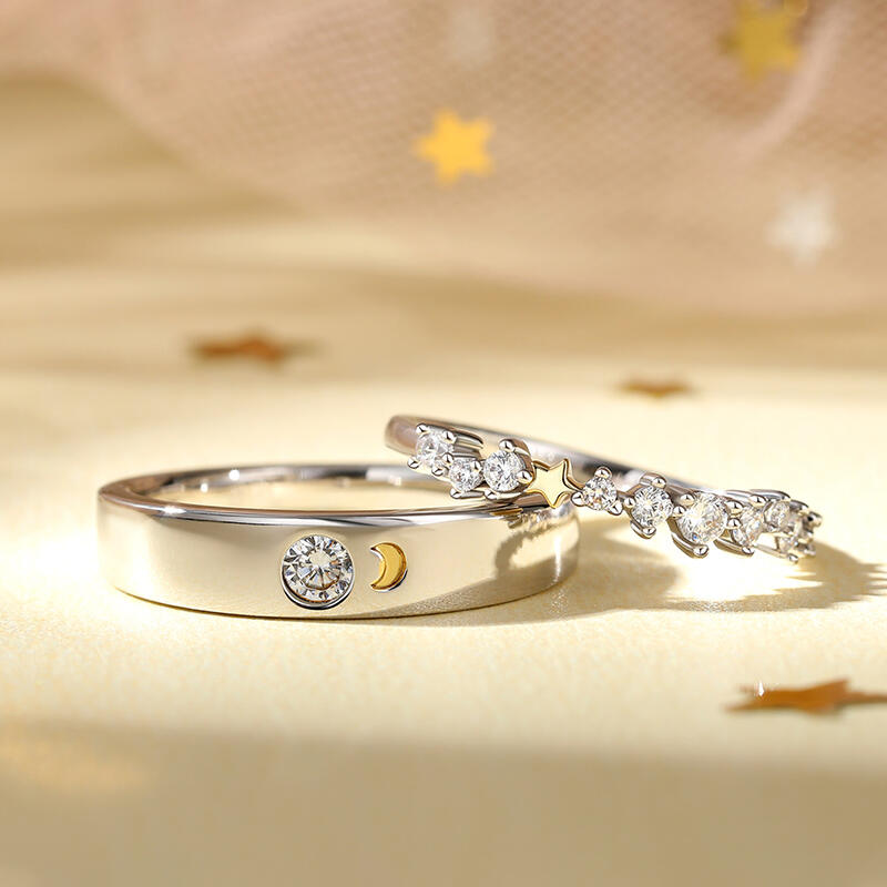 Jeulia Anillo pareja de luna y estrella de compromiso de plata de ley