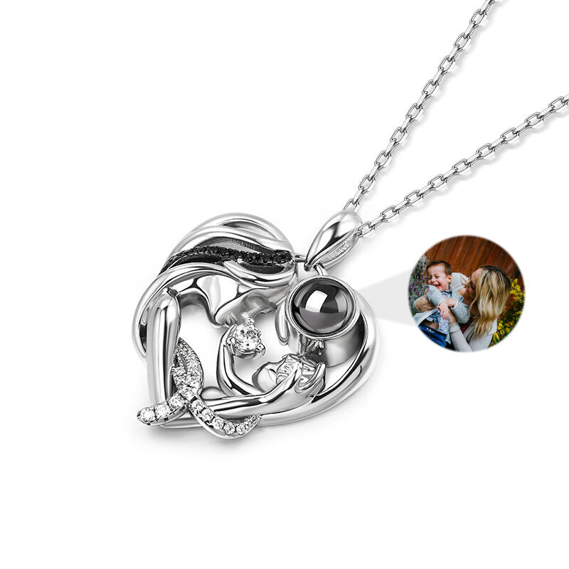 Jeulia "Warmest Protection" Mom & Baby Heart Personalized Photo Projection Sterling Silver Necklace