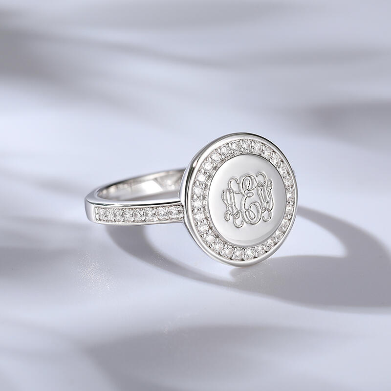 Jeulia Halo Round Monogram Personalized Sterling Silver Ring