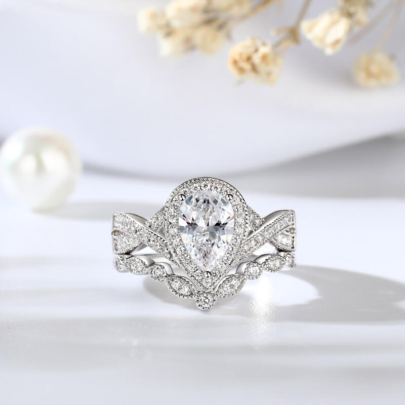 Jeulia Halo Pear Cut Sterling Silver Ring Set