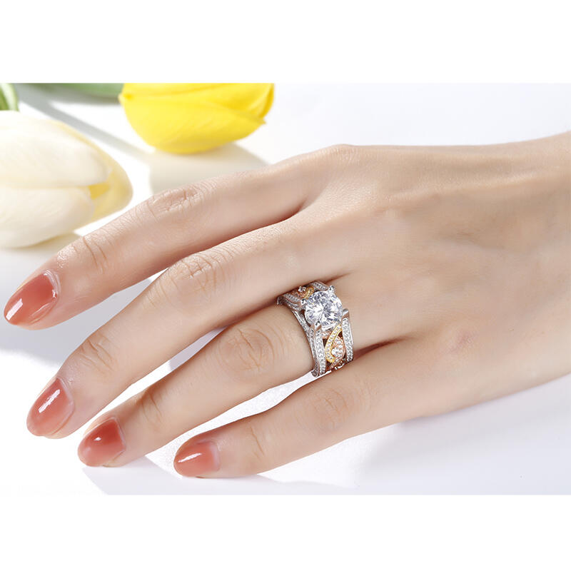 Jeulia Three Tone Round Cut Sterling Silver Ring