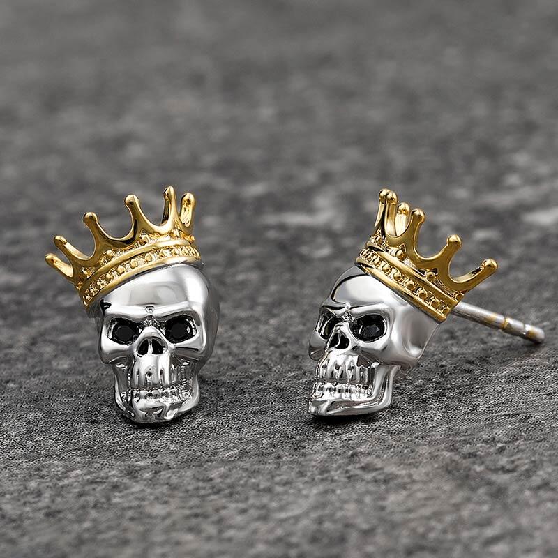 Jeulia Pendientes corona de calavera y huesos cruzados en plata de ley