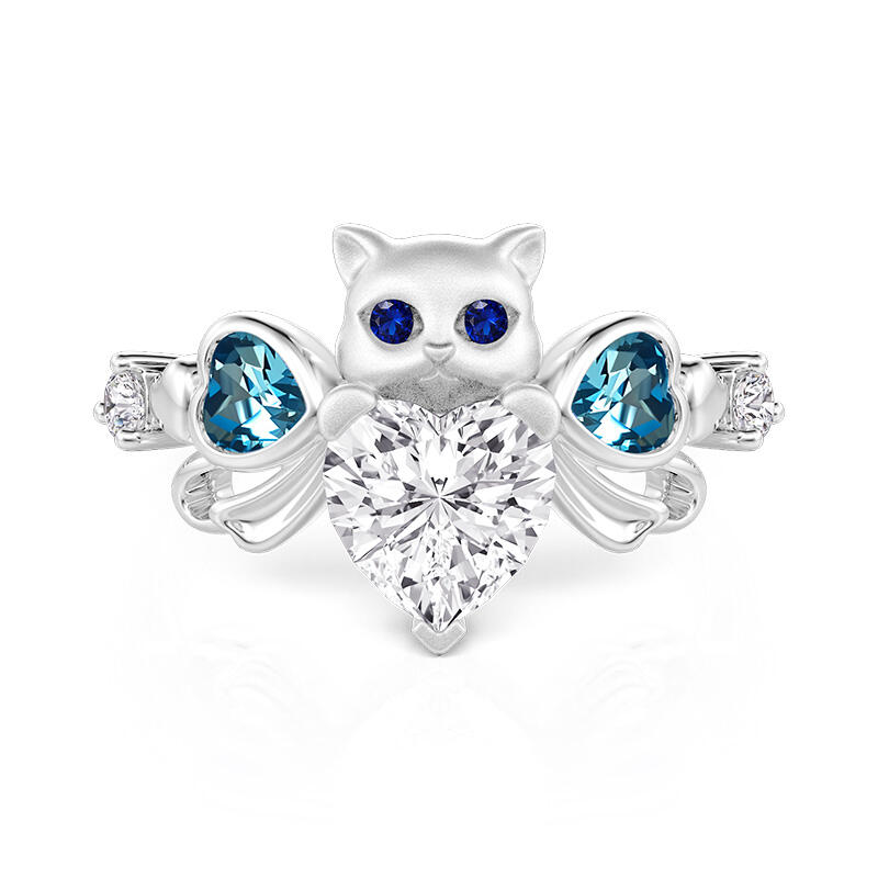 Jeulia Cute Cat Bowknot Heart Ring Sterling Silver