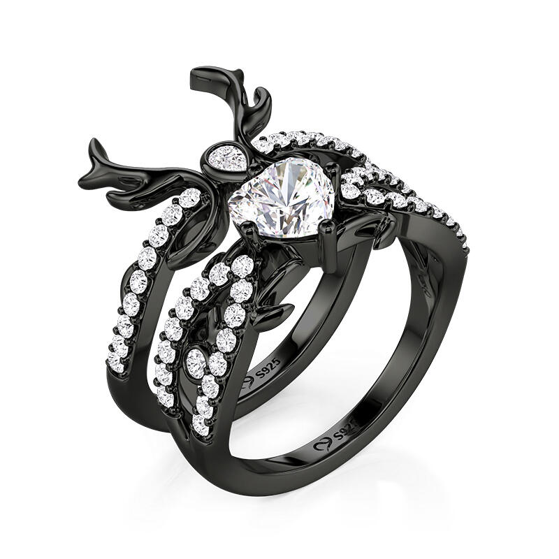 Jeulia 2PCS Gothic Black Thorn Heart Ring Set