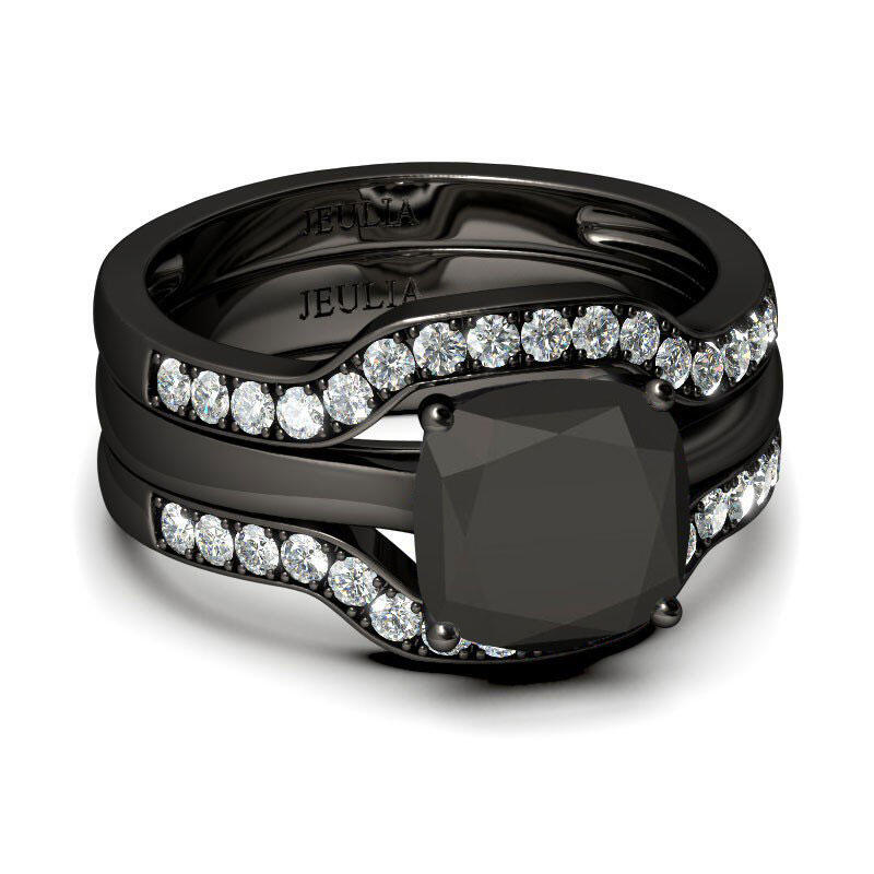 Jeulia Terno De Anillos Con Tono Negro De Talla Cojín En Plata De Ley