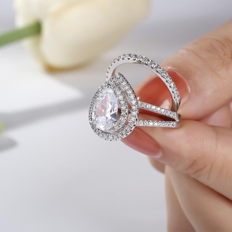 Jeulia Double Halo Pear Cut Sterling Silver Ring Set