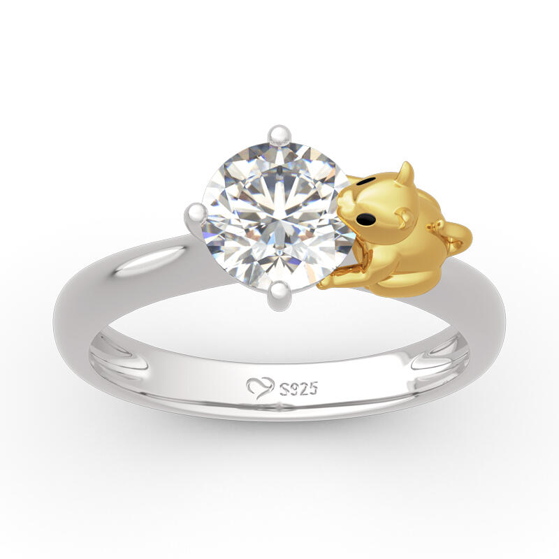 Jeulia Hug Me "Play with Me" Cat Round Cut Sterling Silver Ring