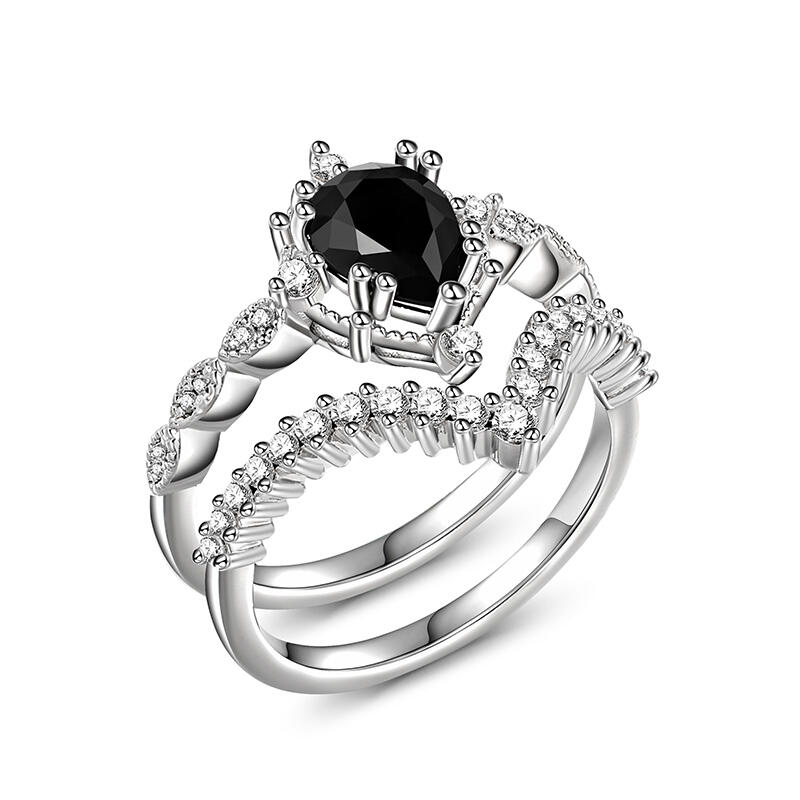 Jeulia Conjunto de Anillos de Plata de Ley con Corte de Pera de Estilo Art Deco