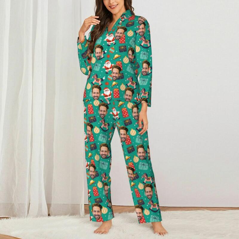 Personalized Pajamas Custom Photo Santa Claus Hobbyhorse Cute Pattern Design Gift for Family
