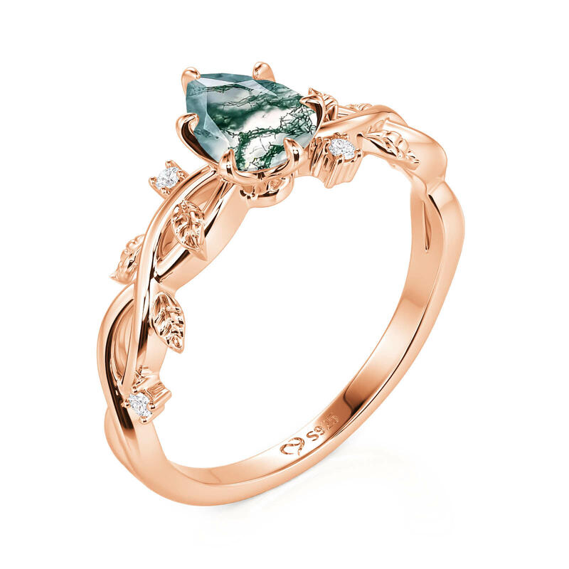 Jeulia Pear Cut Rose Gold Moss Agate Engagement Ring with Vine Leaf