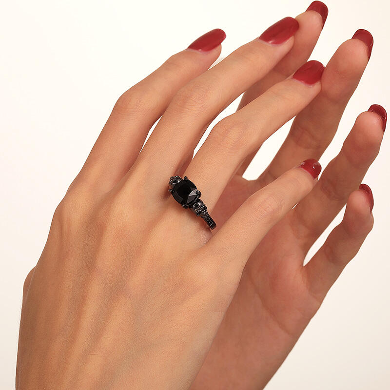 Jeulia "Eternal Love" Black Skull Cushion Cut Gothic Sterling Silver Ring