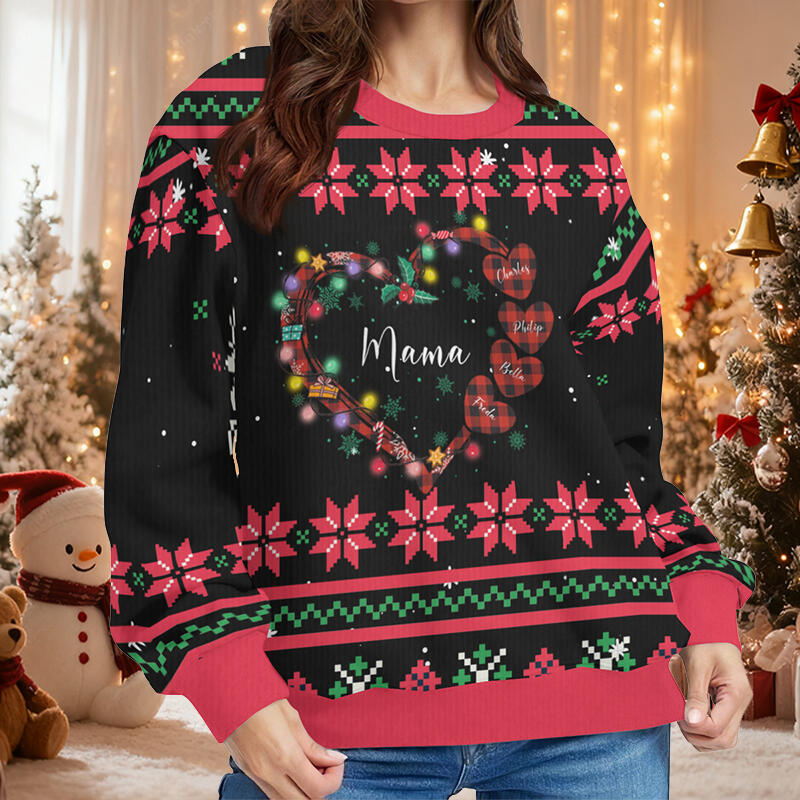 Suéter feo personalizado unisex con nombre para niños, diseño de corona de corazón, regalo de Navidad para mamá y familia