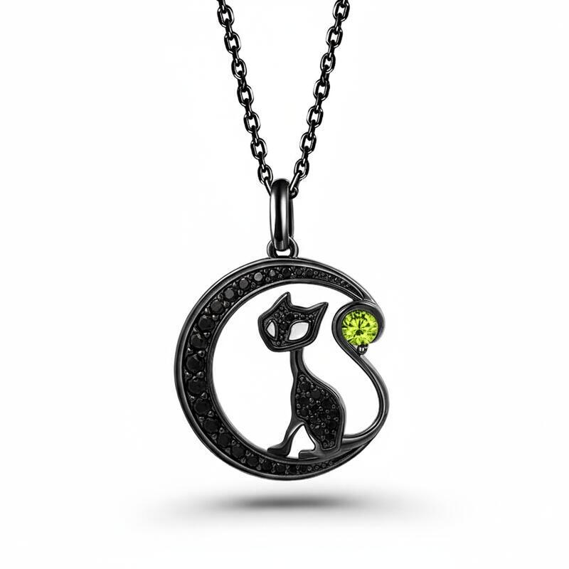 Jeulia "Black Cat on the Moon"Custom Birthstone Necklace