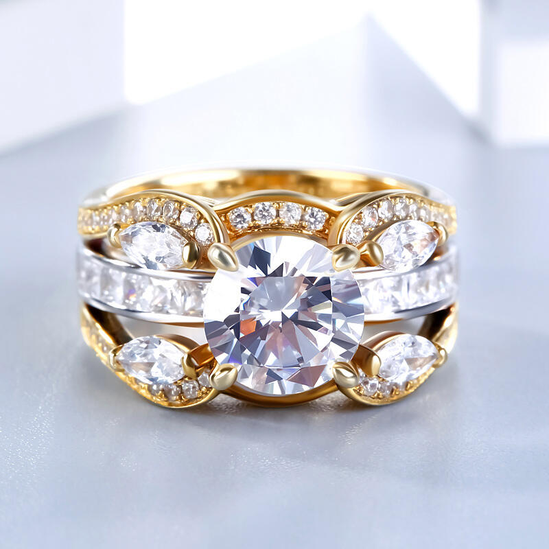 Jeulia Conjunto De Anillos Intercambiables Con Dos Tonos De Talla Redonda En Plata De Ley