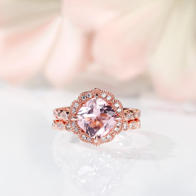 Jeulia Floral Halo Cushion Cut Synthetic Morganite Sterling Silver Ring Set