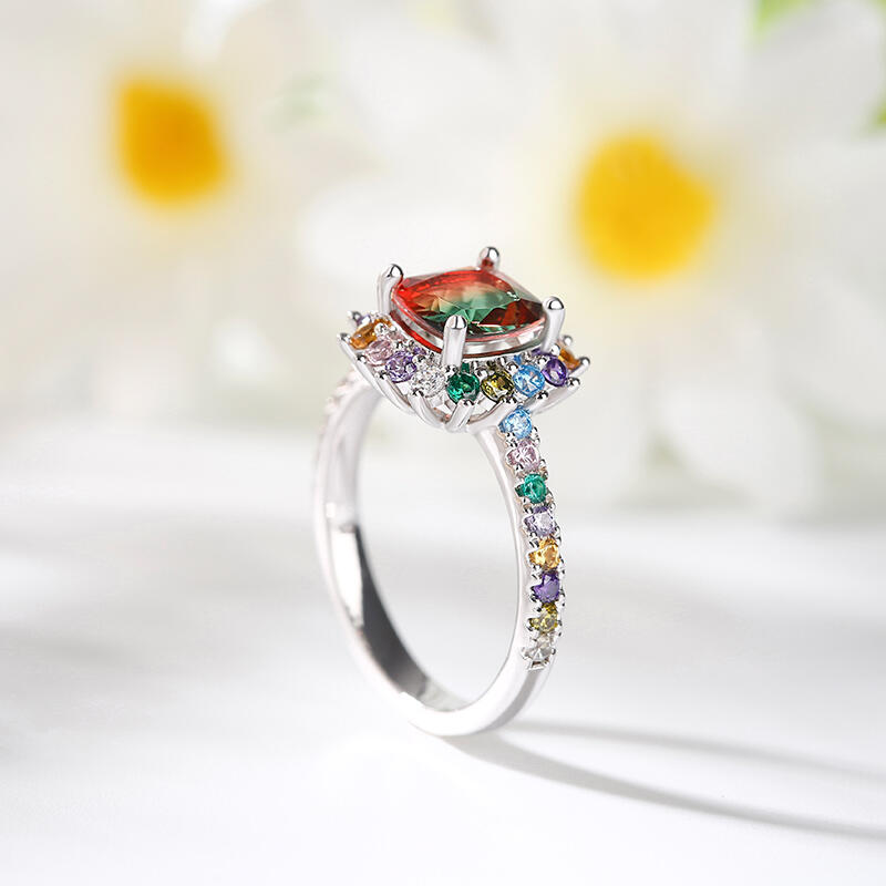 Jeulia "Blazing with Color" Cushion Cut Sterling Silver Ring