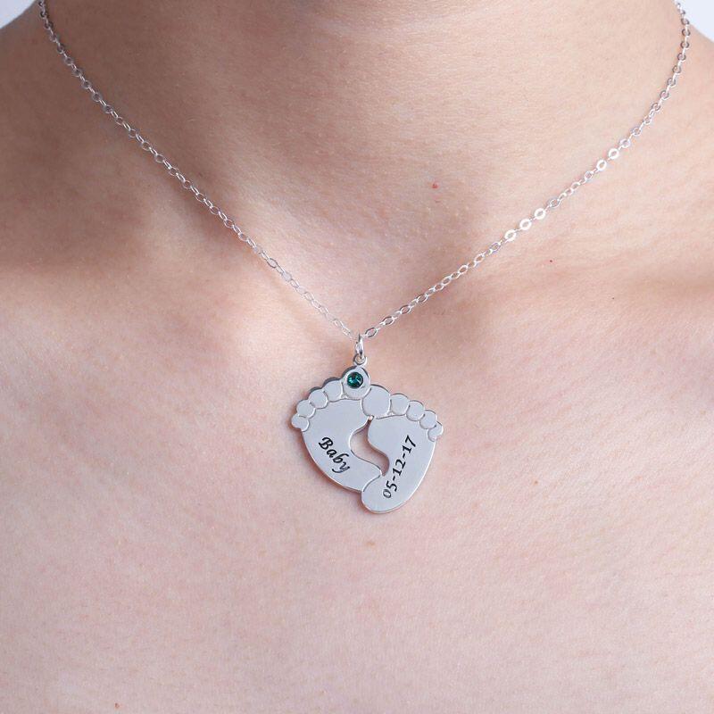 Jeulia Engraved Baby Feet Family Necklace with Birthstone Sterling Silver