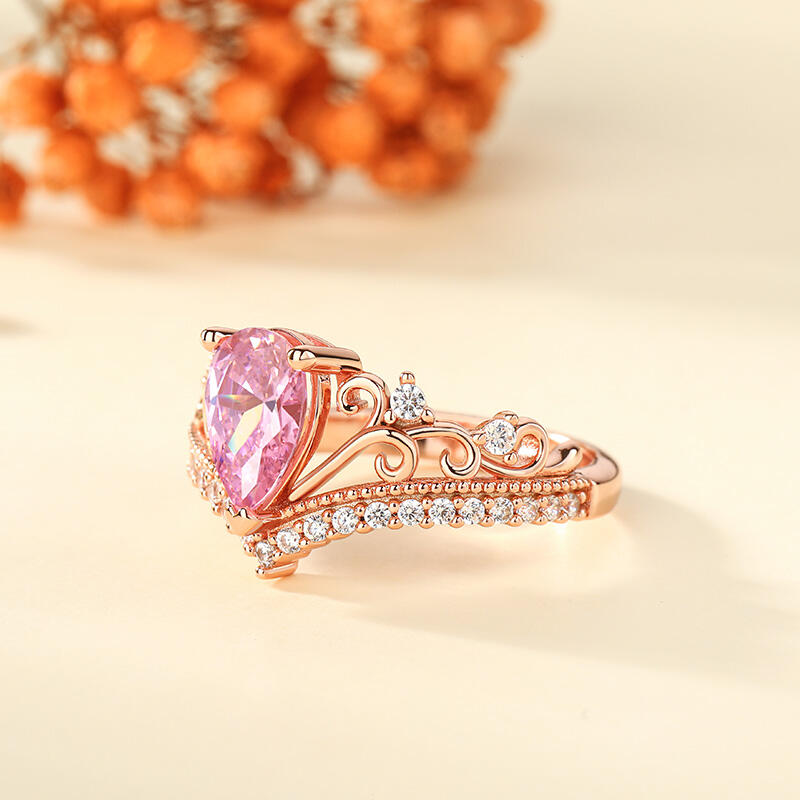 Jeulia Crown Pear Cut Synthetic Morganite Sterling Silver Ring